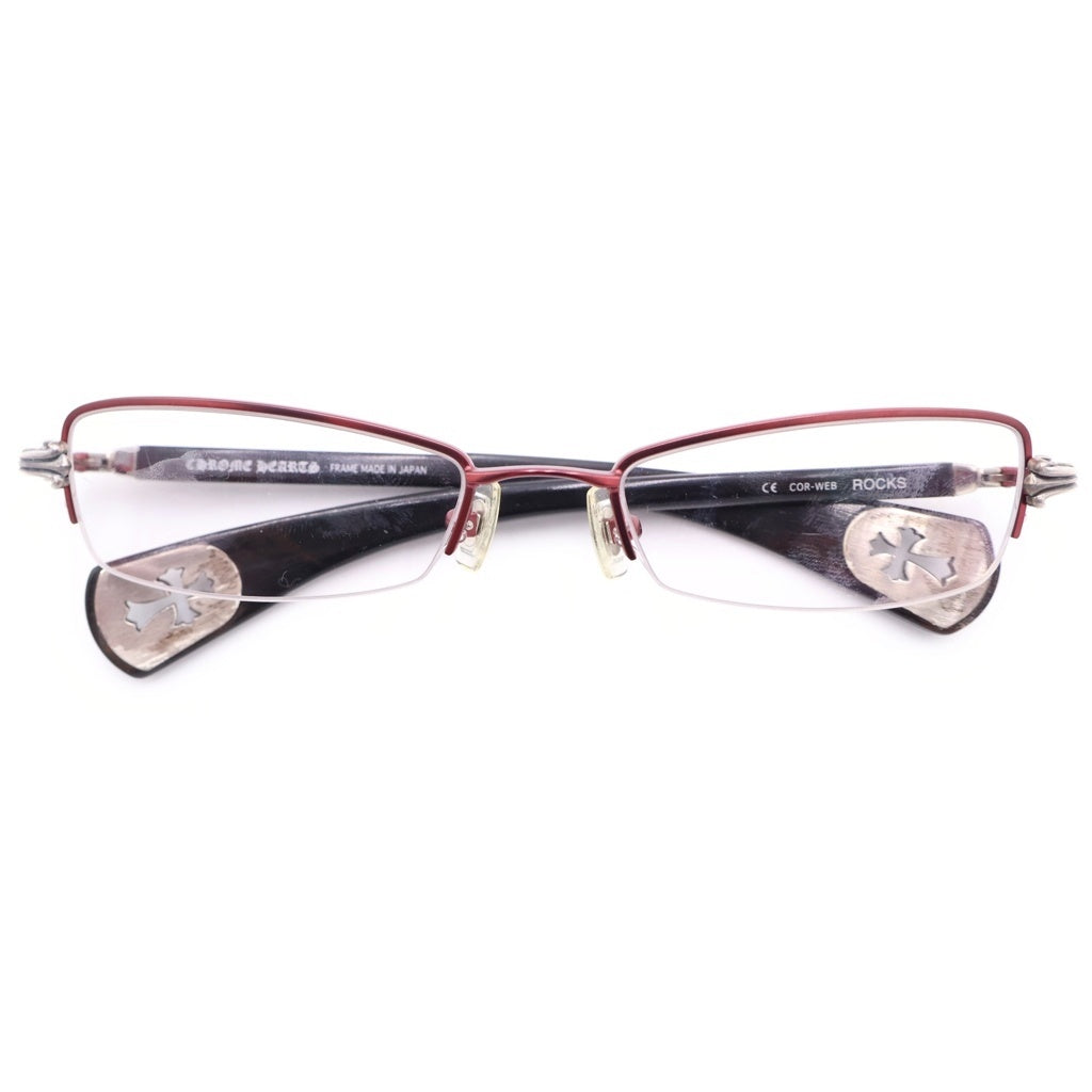 CHROME HEARTS(クロムハーツ) ROCKS エボニーウッド テンプル トップリム スクエアフレーム メガネ 眼鏡 アイウェア ダークブラウン/レッド ※度入り
