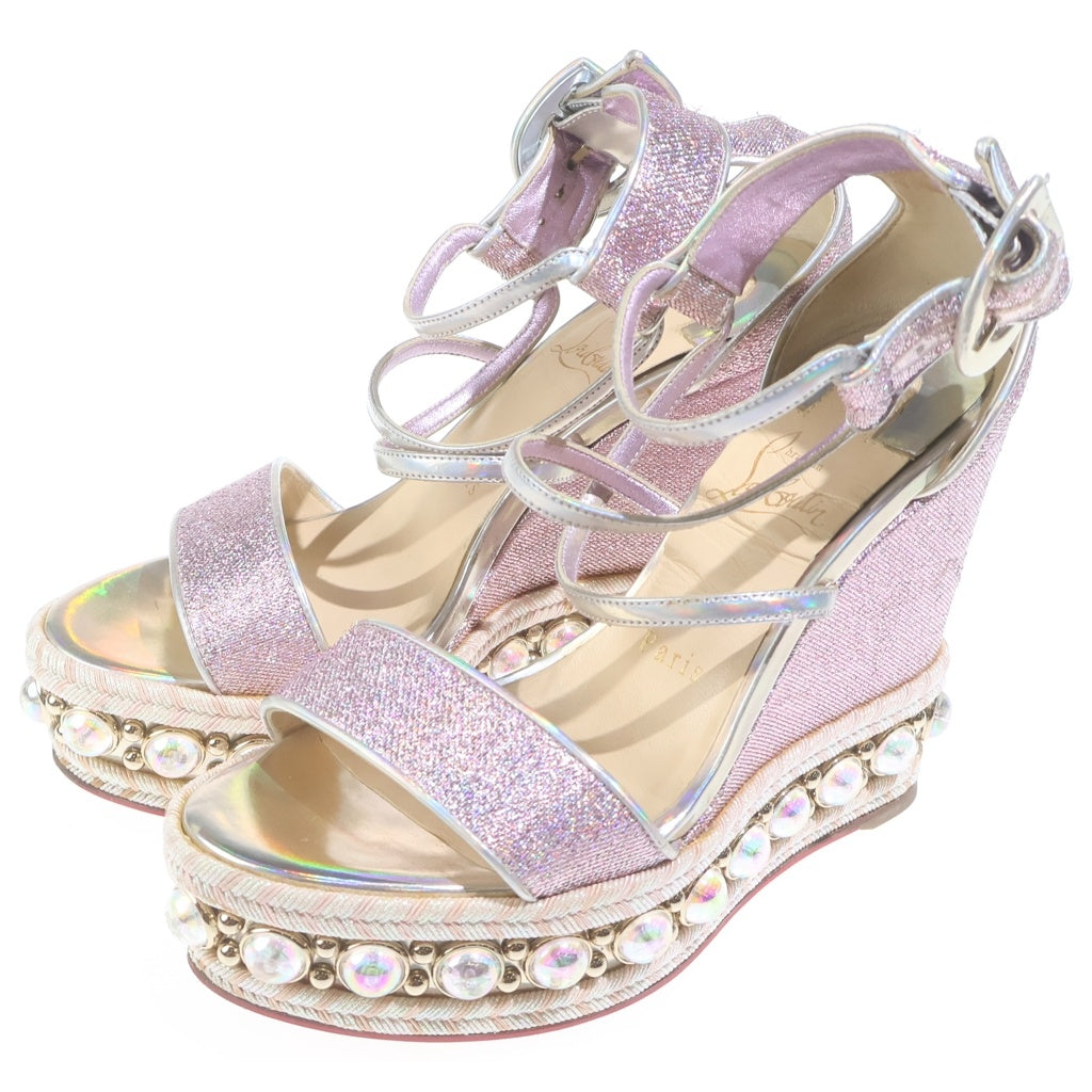 CHRISTIAN LOUBOUTIN(クリスチャンルブタン) グリッター ウェッジソール パールサンダル ヒール ラメ フェイクパール シルバー ピンク レディース