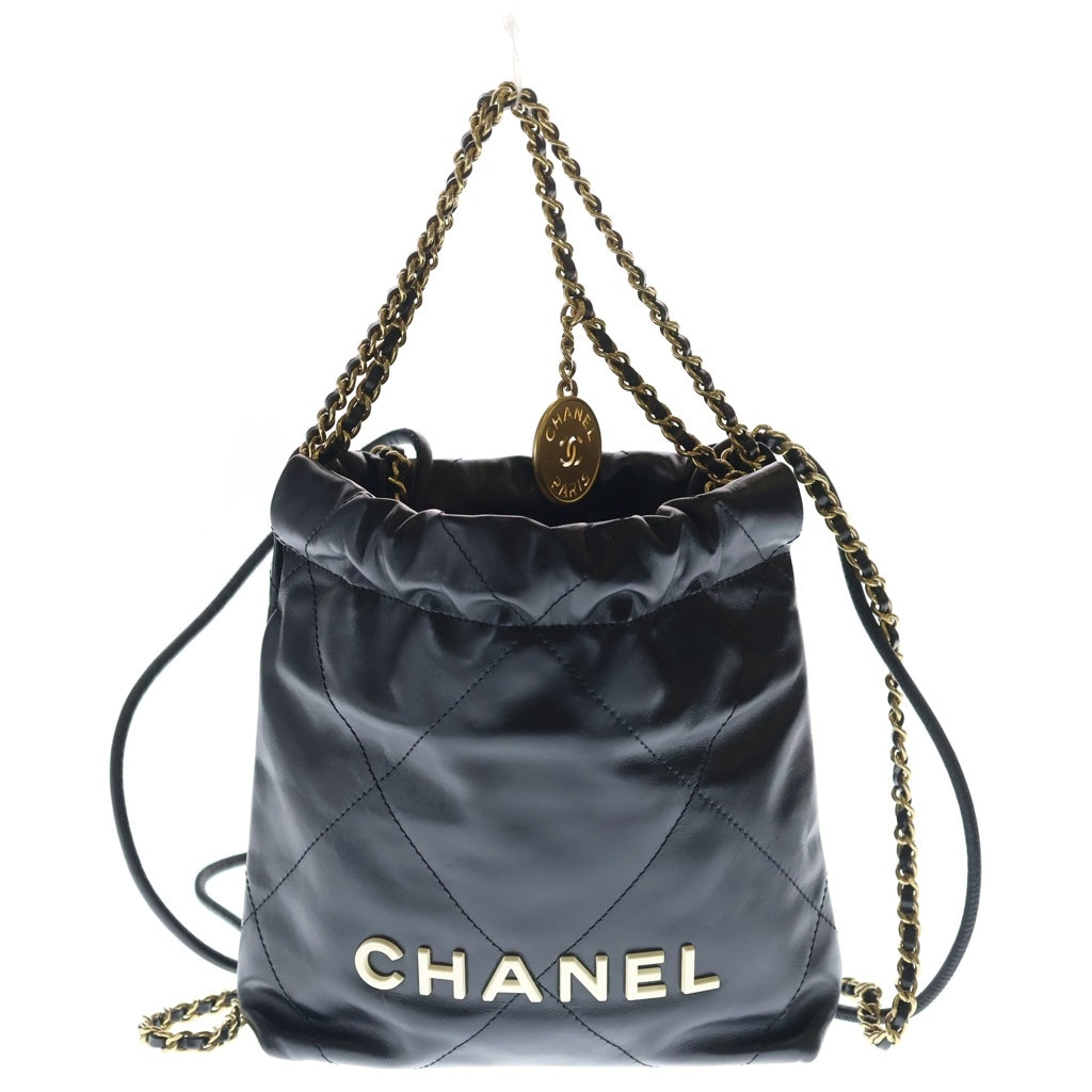 CHANEL(シャネル) シャネル22 ミニ カーフスキン ゴールド金具 チェーン ショルダーバッグ ブラック プレート レディース