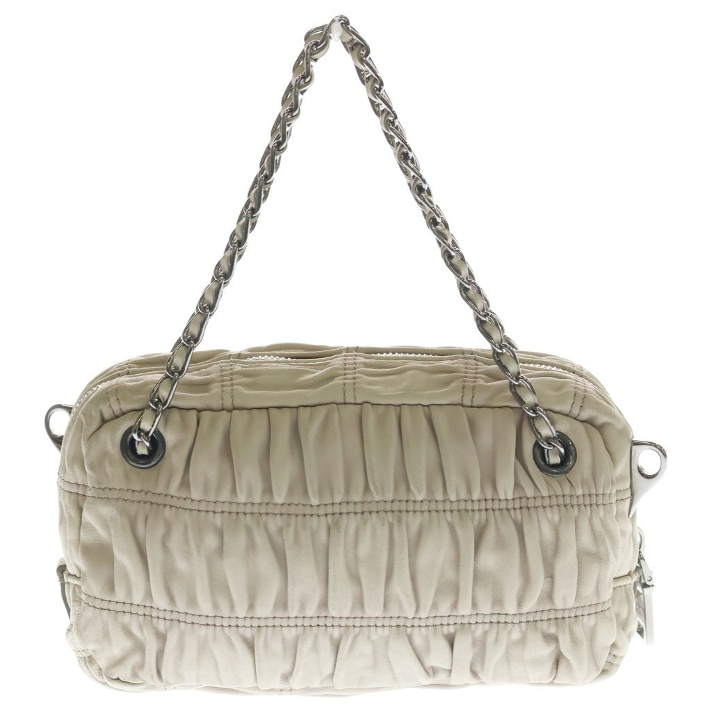 PRADA(プラダ) ギャザー 2WAY チェーンハンドバッグ ショルダーバッグ ベージュ レザー シルバー金具 レディース