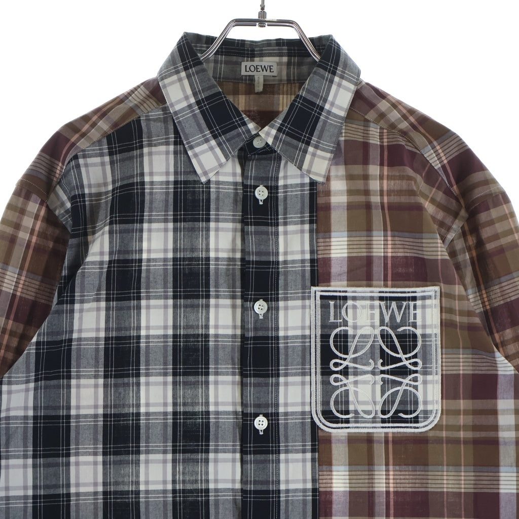 LOEWE(ロエベ) 22SS アナグラム チェック柄長袖シャツ レギュラーカラー ロゴ コットン ブラウン/グレー H526Y05W68