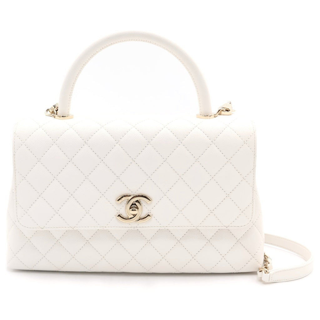 CHANEL(シャネル) マトラッセ ココハンドル29 ハンド ショルダーバッグ キャビアスキン チェーン ゴールド金具 ホワイト プレート A92990 レディース