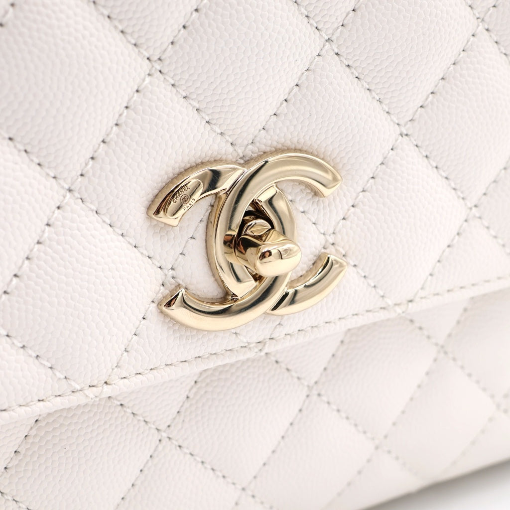 CHANEL(シャネル) マトラッセ ココハンドル29 ハンド ショルダーバッグ キャビアスキン チェーン ゴールド金具 ホワイト プレート A92990 レディース