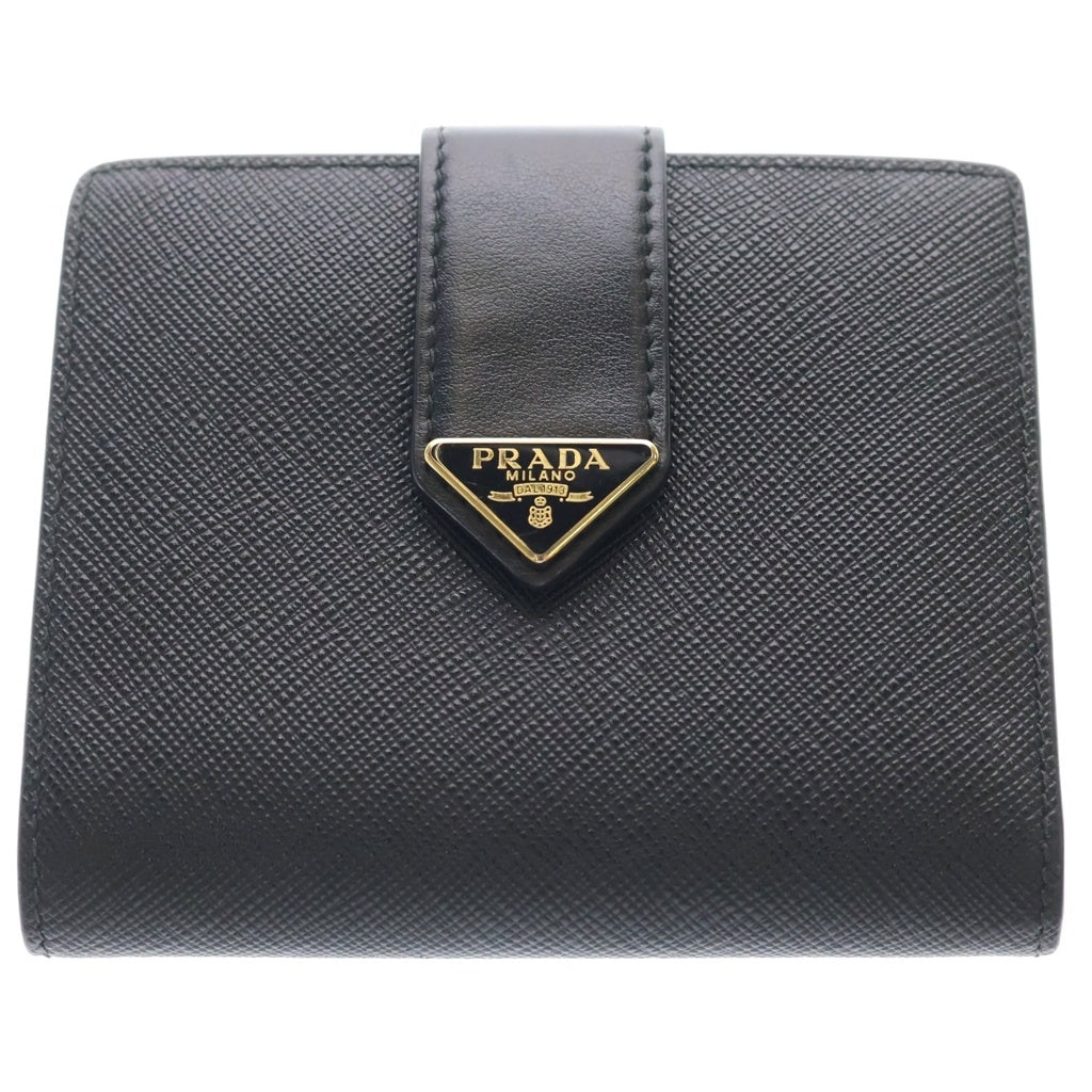 PRADA(プラダ) トライアングルロゴプレート サフィアーノ コンパクトウォレット 二つ折り財布 レザー ブラック レディース
