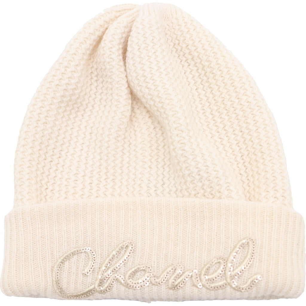CHANEL(シャネル) ロゴモチーフ カシミヤ ニットキャップ ニット帽 帽子 ホワイト レディース