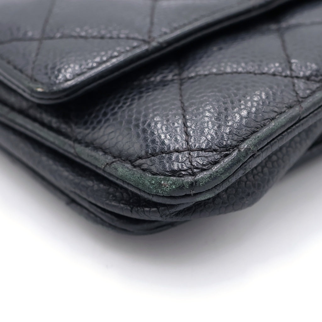 CHANEL(シャネル) ココマーク マトラッセ キャビアスキン シルバー金具 チェーンウォレット ショルダーバッグ 財布 ブラック レディース