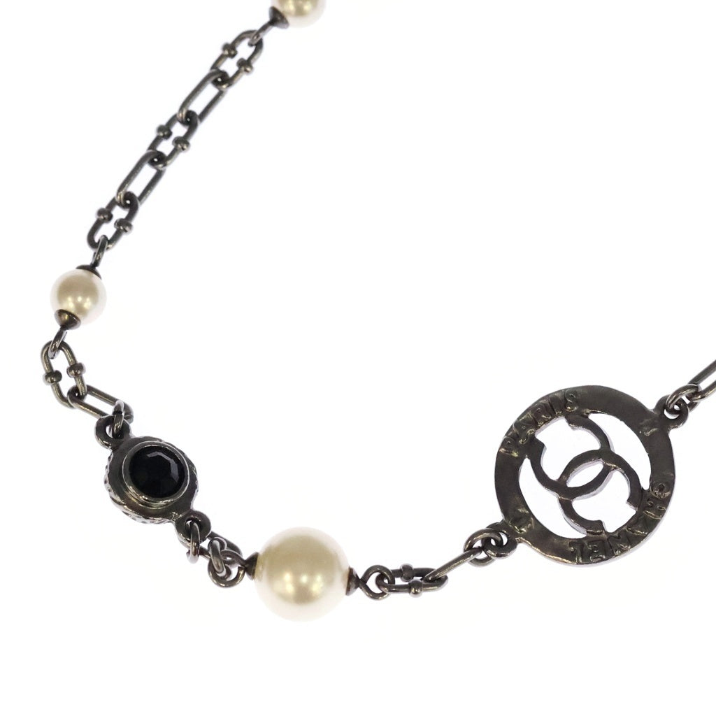 CHANEL(シャネル) ココマーク ラインストーンネックレス パール シルバー×ブラック レディース