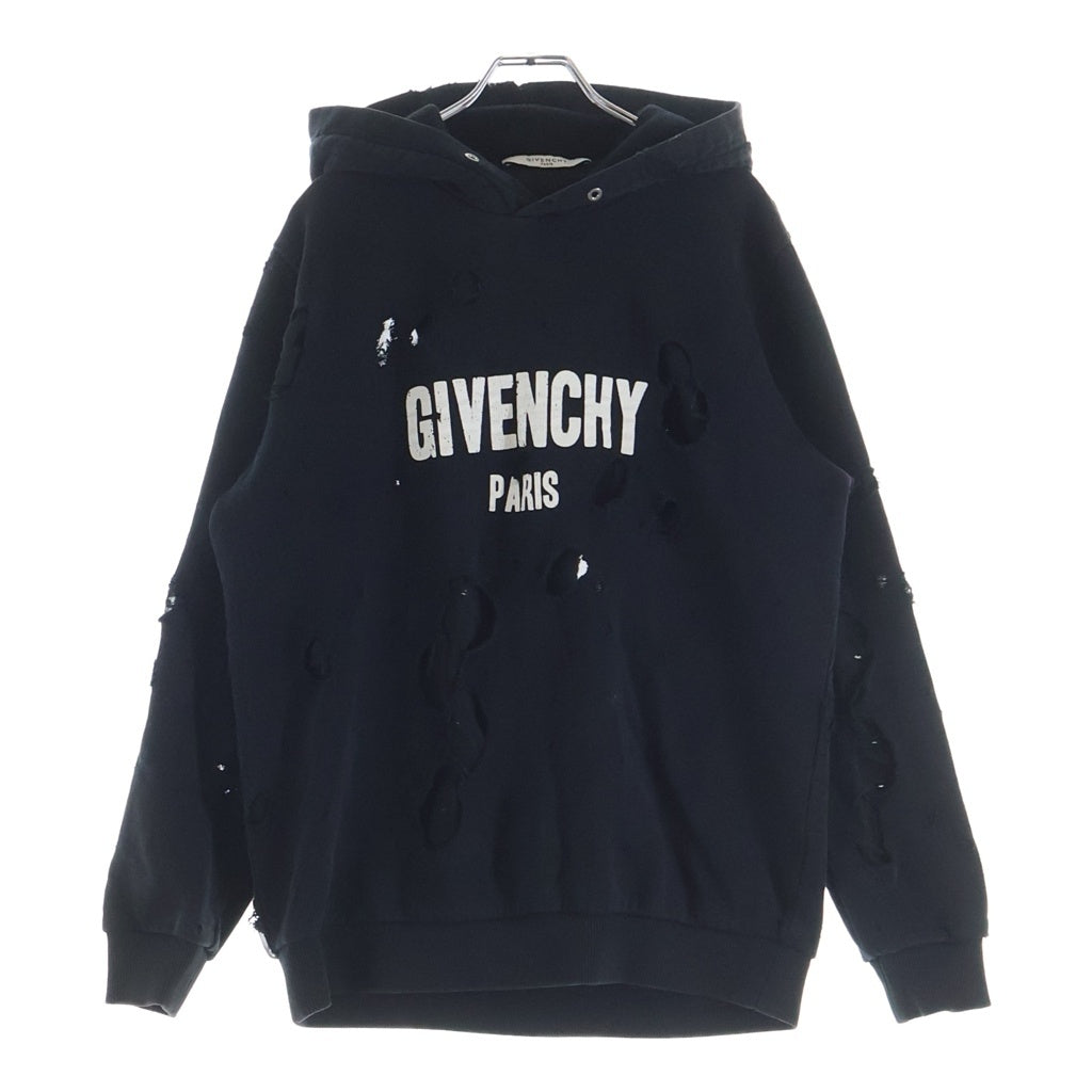 GIVENCHY(ジバンシィ) デストロイ加工 ロゴプリント コットン プルオーバー パーカー #S ブラック BM703A3Y0S