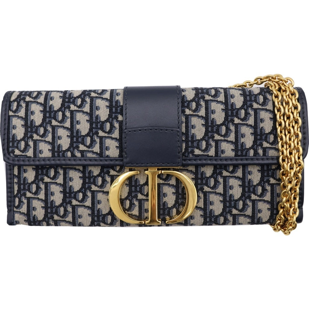 Christian Dior(クリスチャンディオール) オブリーク モンテーニュ30 チェーンショルダーバッグ ミニバッグ ネイビー レザー×キャンバス ゴールド金具 レディース