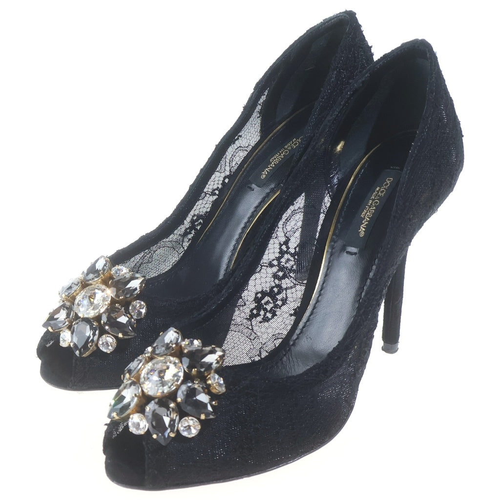 DOLCE & GABBANA(ドルチェアンドガッバーナ) フローラルレースハイヒール パンプス ラインストーン ビジュー レーヨン×やぎ革×ナイロン ブラック レディース