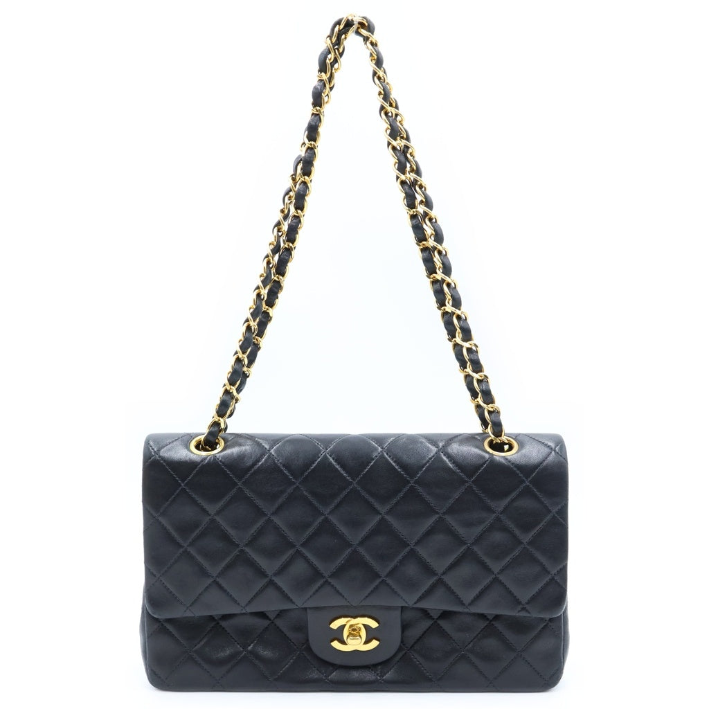 CHANEL(シャネル) マトラッセ25 WフラップWチェーンショルダーバッグ ハンドバッグ ブラック ラムスキン ゴールド金具 レディース