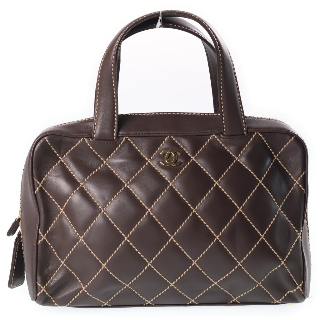 CHANEL(シャネル) ワイルドステッチ ミニボストンバッグ ハンドバッグ ブラウン ラムスキン ゴールド金具 レディース