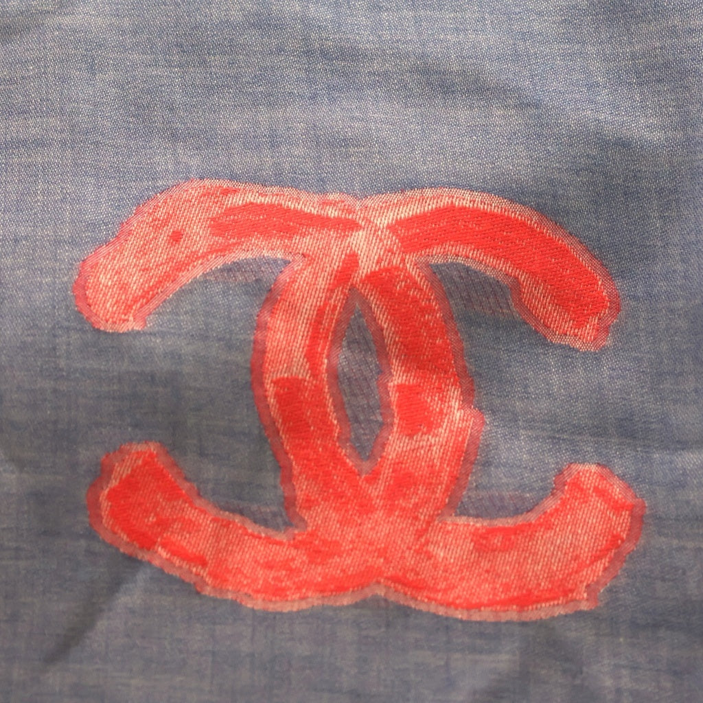 CHANEL(シャネル) CC&Camellia Logo Scarf ココマーク カメリア ロゴ 大判ストール マフラー フリンジ カシミヤ シルク ブルー