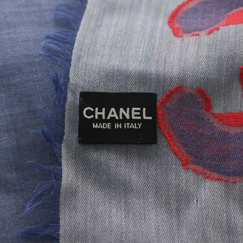 CHANEL(シャネル) CC&Camellia Logo Scarf ココマーク カメリア ロゴ 大判ストール マフラー フリンジ カシミヤ シルク ブルー