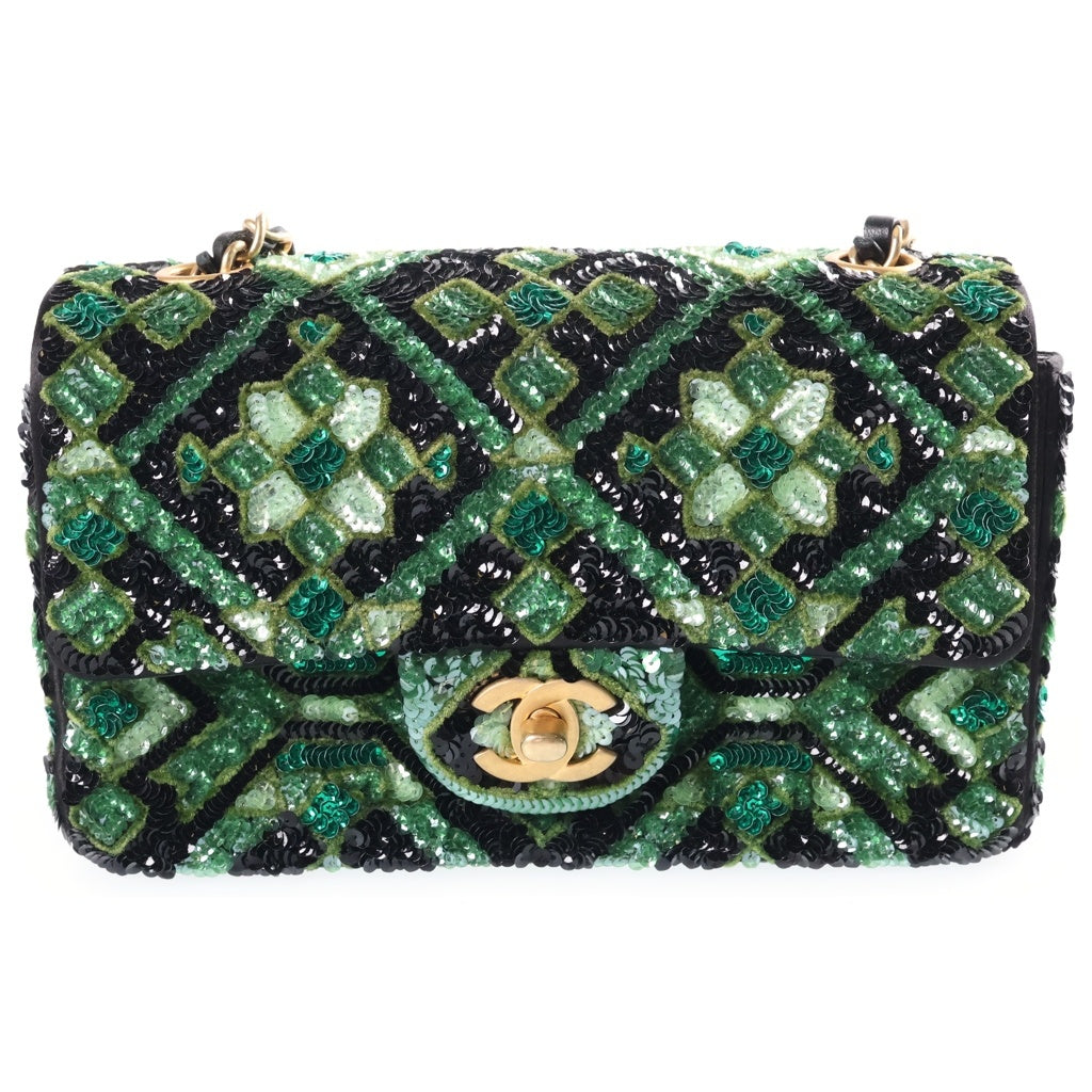 CHANEL(シャネル) マトラッセ20 Sフラップ Sチェーン スパンコール ショルダーバッグ グリーン×ブラック ゴールド金具 レディース