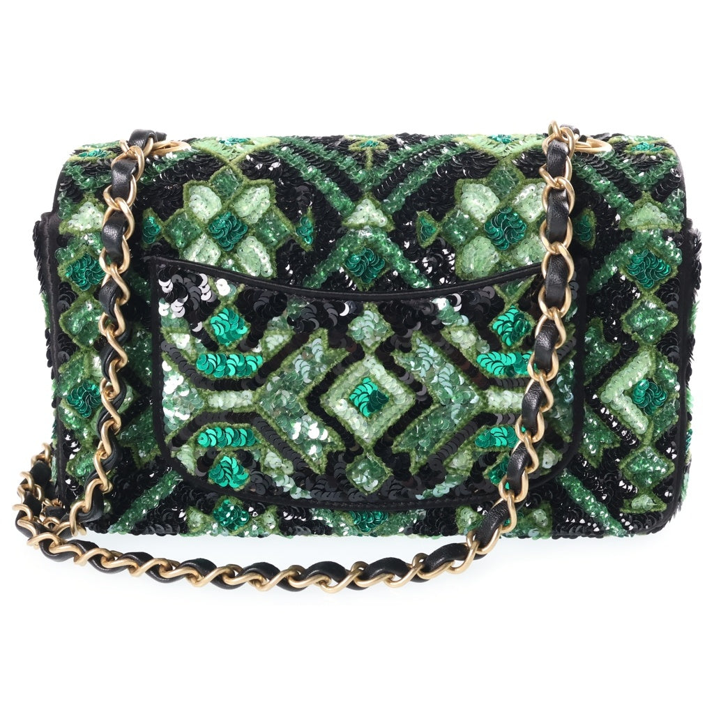 CHANEL(シャネル) マトラッセ20 Sフラップ Sチェーン スパンコール ショルダーバッグ グリーン×ブラック ゴールド金具 レディース