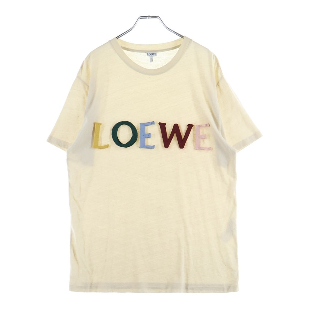 LOEWE(ロエベ) アップリケロゴ ネップ加工 コットン×シルク クルーネック 半袖 Tシャツ カットソー M ベージュ H6299620PC