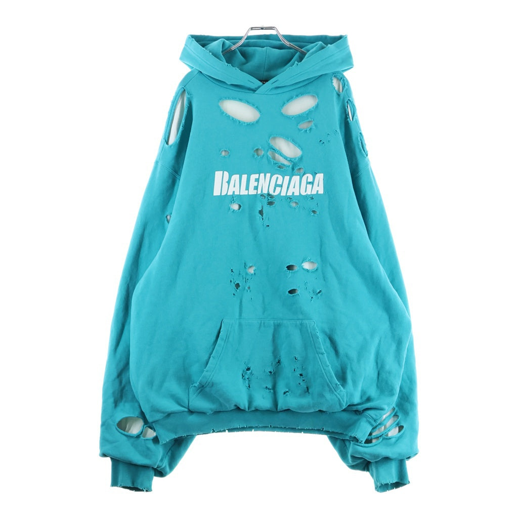 BALENCIAGA(バレンシアガ) 21SS デストロイ加工 ロゴミディアム フリースプルオーバーパーカー ブルー 659403 TKVB6