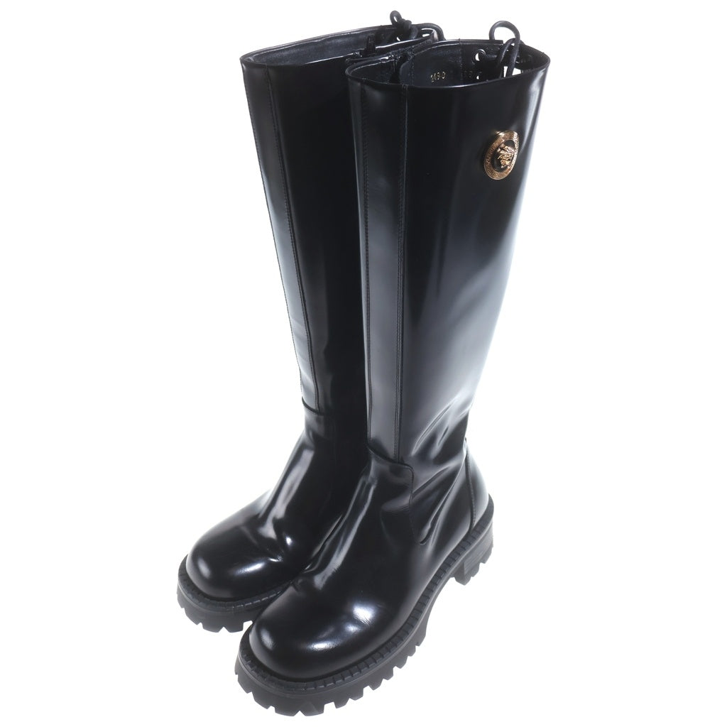 VERSACE(ヴェルサーチ) メデューサ サイドファスナー レースアップ ロング ブーツ ブラック レディース 2490