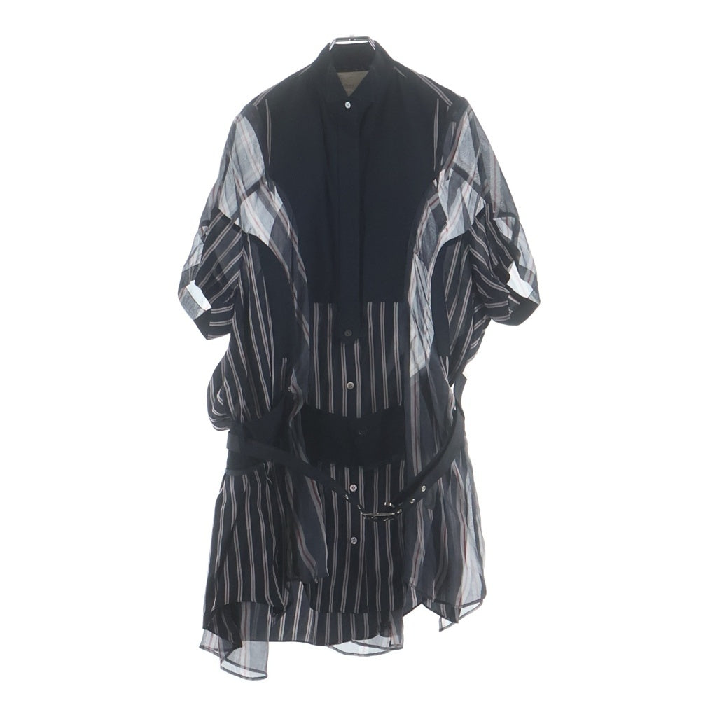 Sacai(サカイ) 17SS ベルテッド ドッキング ストライプ シースルー 半袖シャツ ワンピース ブラック レディース 17-03230