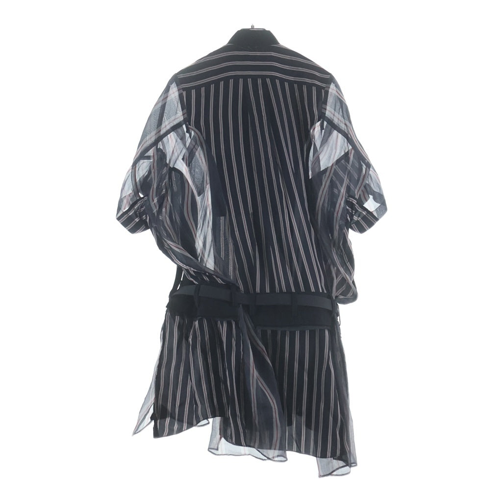 Sacai(サカイ) 17SS ベルテッド ドッキング ストライプ シースルー 半袖シャツ ワンピース ブラック レディース 17-03230