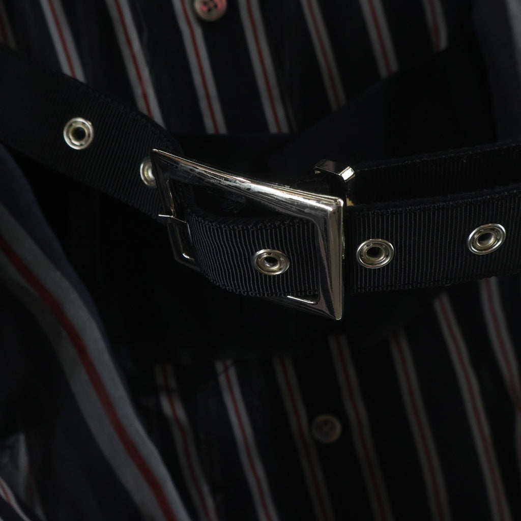 Sacai(サカイ) 17SS ベルテッド ドッキング ストライプ シースルー 半袖シャツ ワンピース ブラック レディース 17-03230