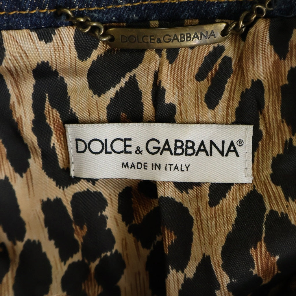 DOLCE & GABBANA(ドルチェアンドガッバーナ) ノーカラー 裏地レオパード デニムジャケット Gジャン インディゴ レディース JK1M 9339