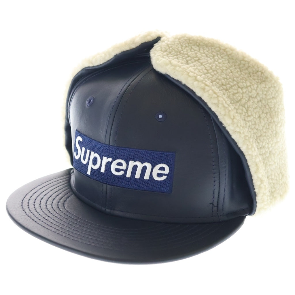 SUPREME(シュプリーム) 22AW ×New Era Leather Earflap Box Logo ニューエラ イヤーフラップ付き レザー ベースボールキャップ 帽子 ネイビー