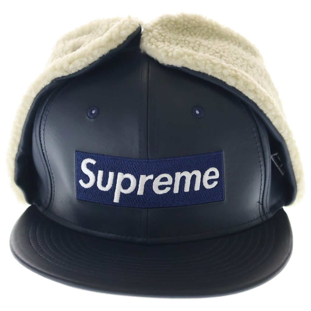 SUPREME(シュプリーム) 22AW ×New Era Leather Earflap Box Logo ニューエラ イヤーフラップ付き レザー ベースボールキャップ 帽子 ネイビー