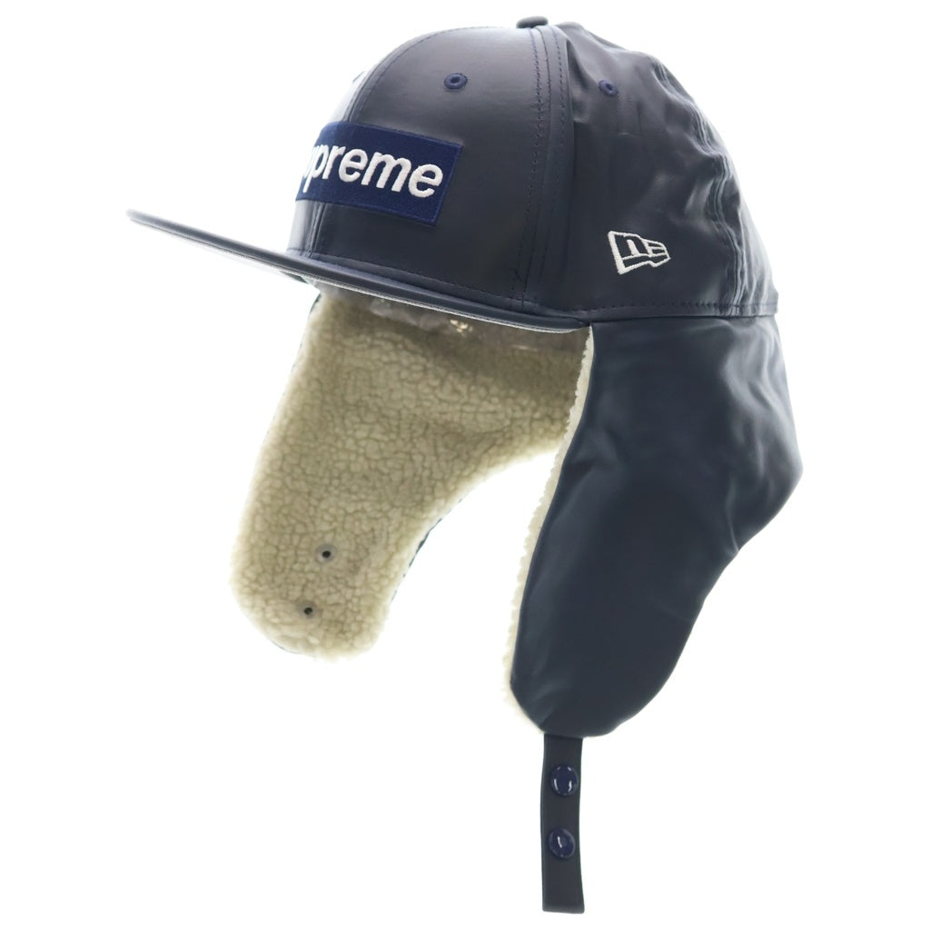 SUPREME(シュプリーム) 22AW ×New Era Leather Earflap Box Logo ニューエラ イヤーフラップ付き レザー ベースボールキャップ 帽子 ネイビー