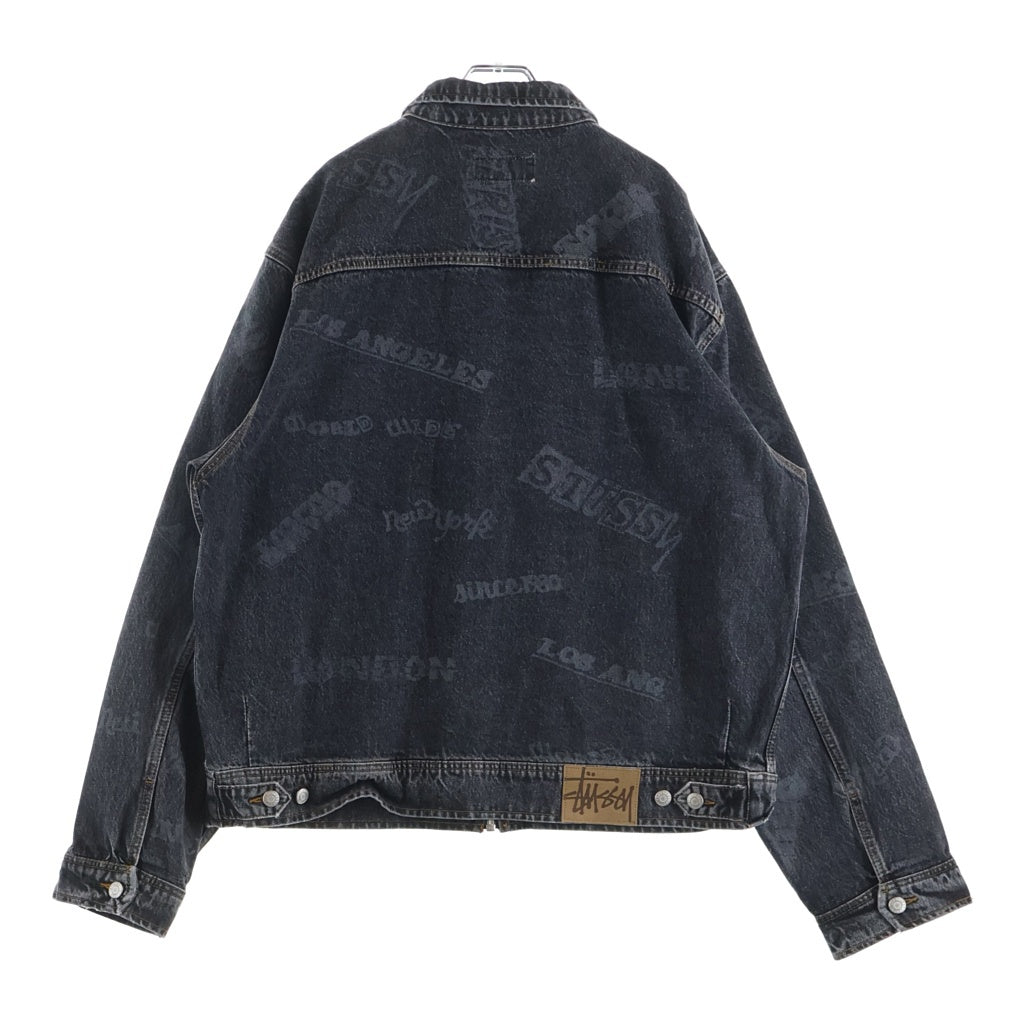 STUSSY(ステューシー) 23SS Worldwide Zip Work Jacket 総柄ロゴ フロントジップアップ デニムジャケット ブラック 115700