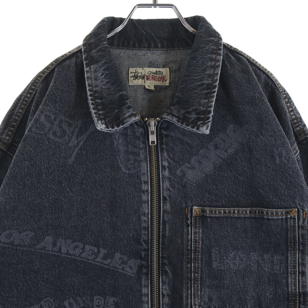 STUSSY(ステューシー) 23SS Worldwide Zip Work Jacket 総柄ロゴ フロントジップアップ デニムジャケット ブラック 115700