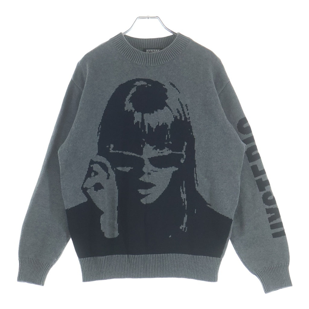 HYSTERIC GLAMOUR(ヒステリックグラマー) 20AW LOOKING AT YOU リブ編み クルーネックニット セーター グレー/ブラック 02203NS05
