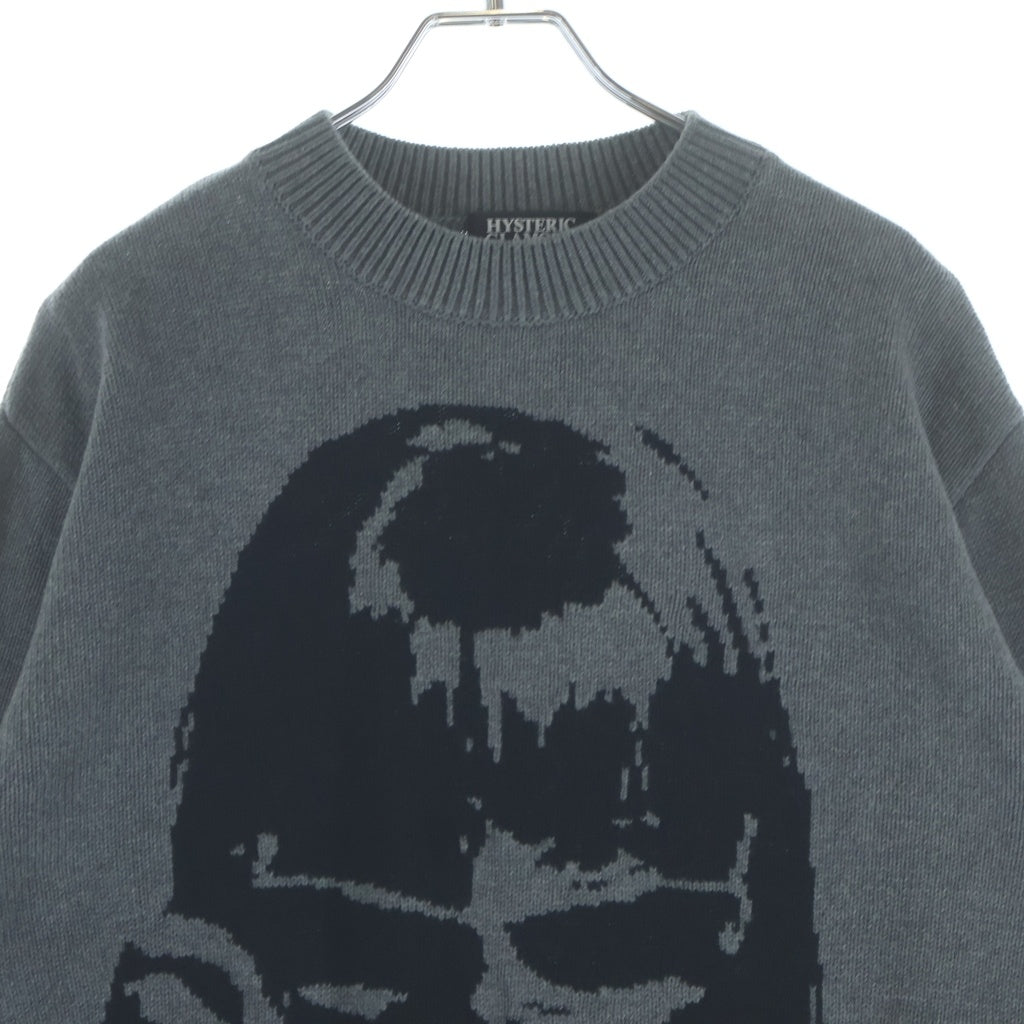 HYSTERIC GLAMOUR(ヒステリックグラマー) 20AW LOOKING AT YOU リブ編み クルーネックニット セーター グレー/ブラック 02203NS05