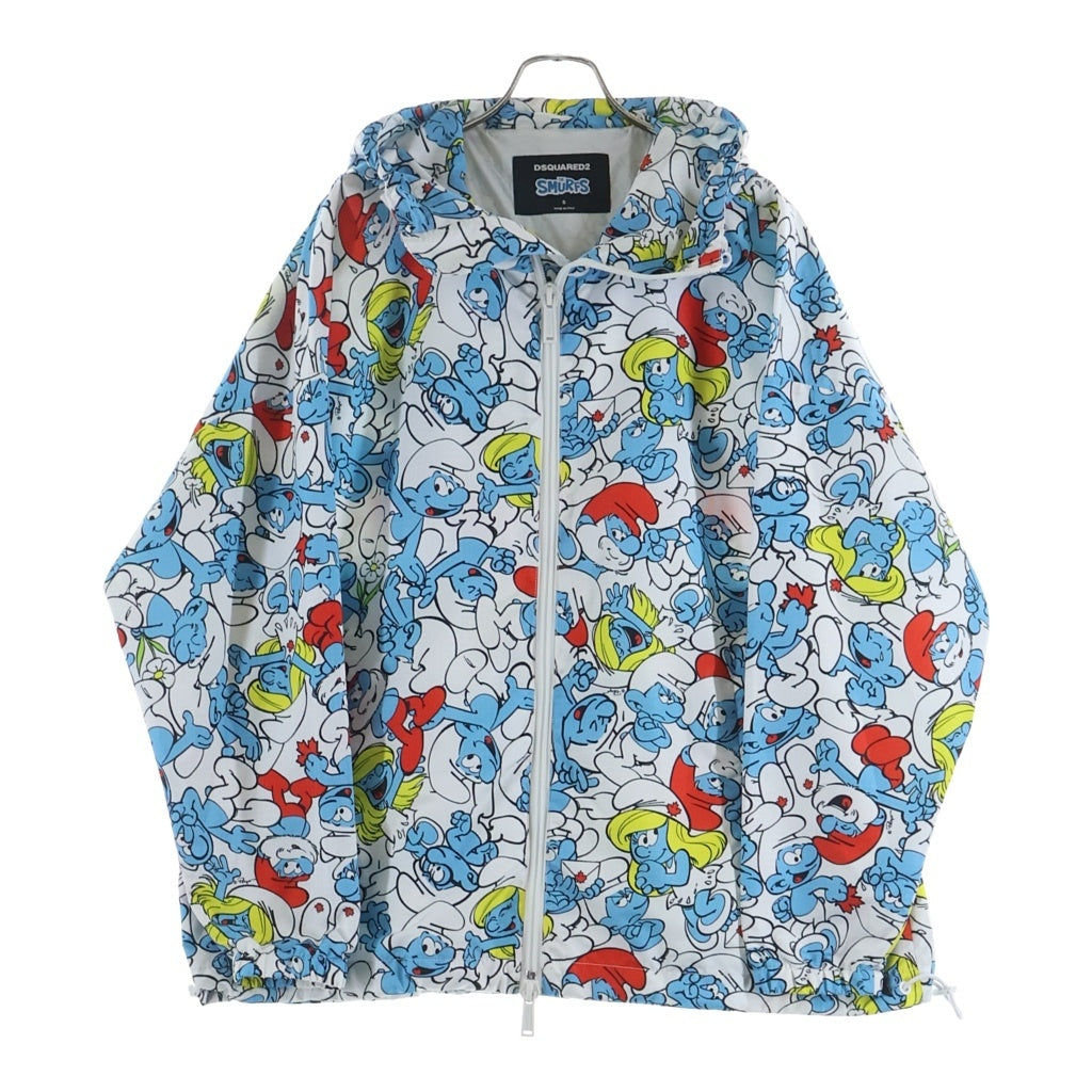 DSQUARED2(ディースクエアード) 23SS Smurfs Crowd Windbreaker スナーフ 総柄デザインロゴ ウィンドブレーカー ナイロンフーデッドジャケット ホワイト/ライトブルー S78AN0051