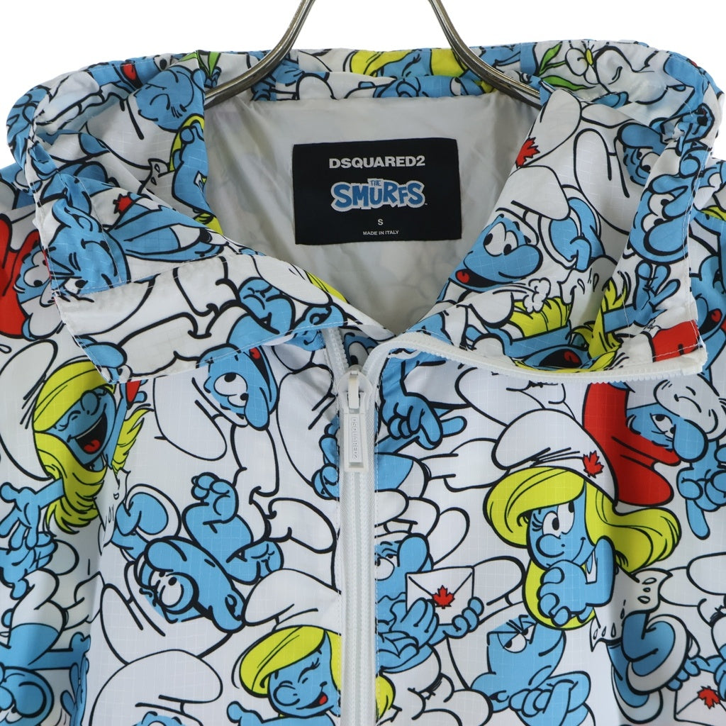 DSQUARED2(ディースクエアード) 23SS Smurfs Crowd Windbreaker スナーフ 総柄デザインロゴ ウィンドブレーカー ナイロンフーデッドジャケット ホワイト/ライトブルー S78AN0051