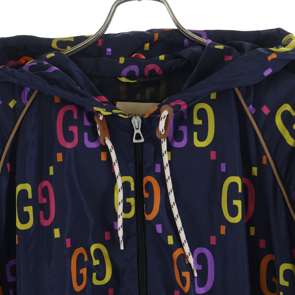 GUCCI(グッチ) GG総柄ロゴ ナイロン フーデッドジャケット ネイビー/マルチカラー697621 Z8A2D