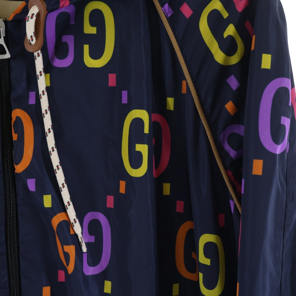 GUCCI(グッチ) GG総柄ロゴ ナイロン フーデッドジャケット ネイビー/マルチカラー697621 Z8A2D