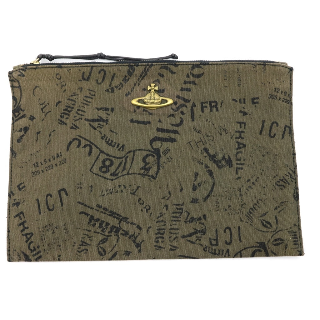 Vivienne Westwood(ヴィヴィアンウエストウッド) ロゴプレート 総柄ロゴ クラッチバック ハンドバック カーキ/ブラック