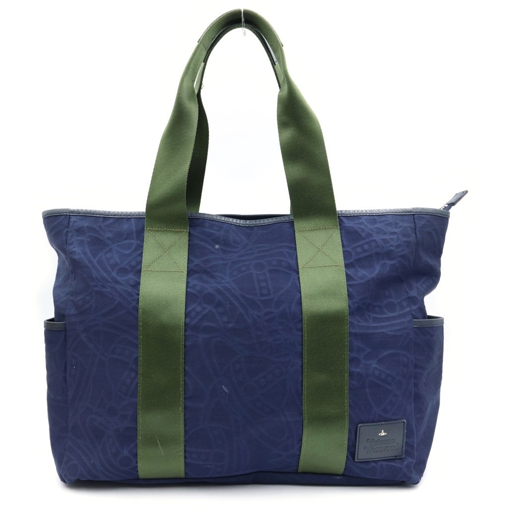 Vivienne Westwood(ヴィヴィアンウエストウッド) 総柄ロゴ ナイロンキャンバス トートバッグ ハンドバッグ ネイビー/カーキ