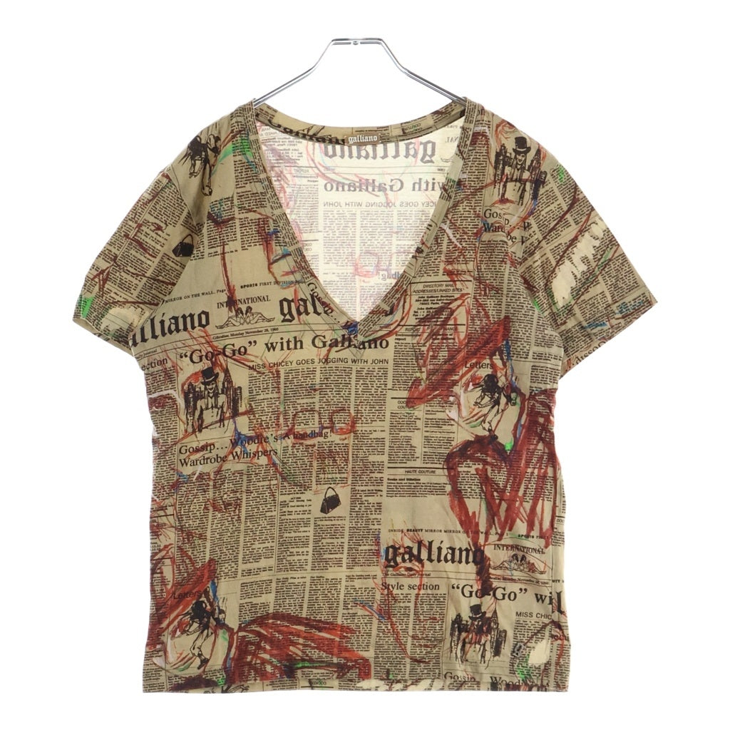 John Galliano(ジョン ガリアーノ) ニュースペーパー 総柄 Vネック半袖Tシャツ カットソー マルチカラー XR2797 82018