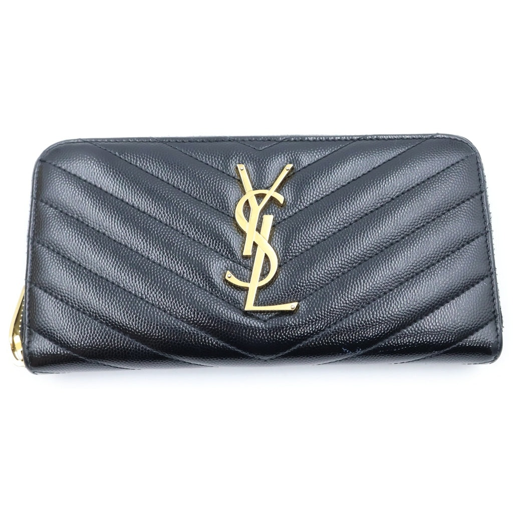 SAINT LAURENT PARIS(サンローランパリ) YSLロゴ キャビアスキン ラウンドジップ ロングウォレット 長財布 ブラック CFP358094