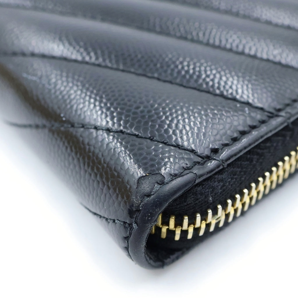 SAINT LAURENT PARIS(サンローランパリ) YSLロゴ キャビアスキン ラウンドジップ ロングウォレット 長財布 ブラック CFP358094