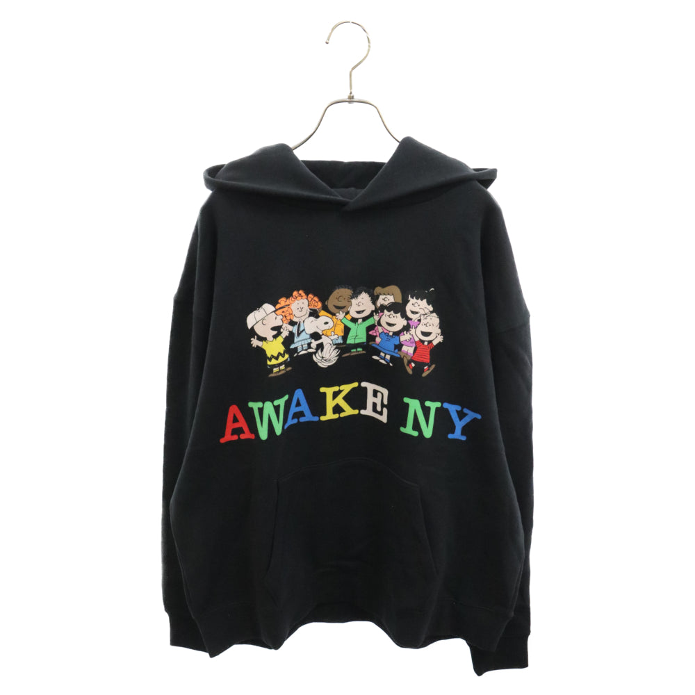 AWAKE NY(アウェイク ニューヨーク) ×PEANUTS PRINTED HOOD スヌーピー グラフィックプリントプルオーバーパーカー ブラック