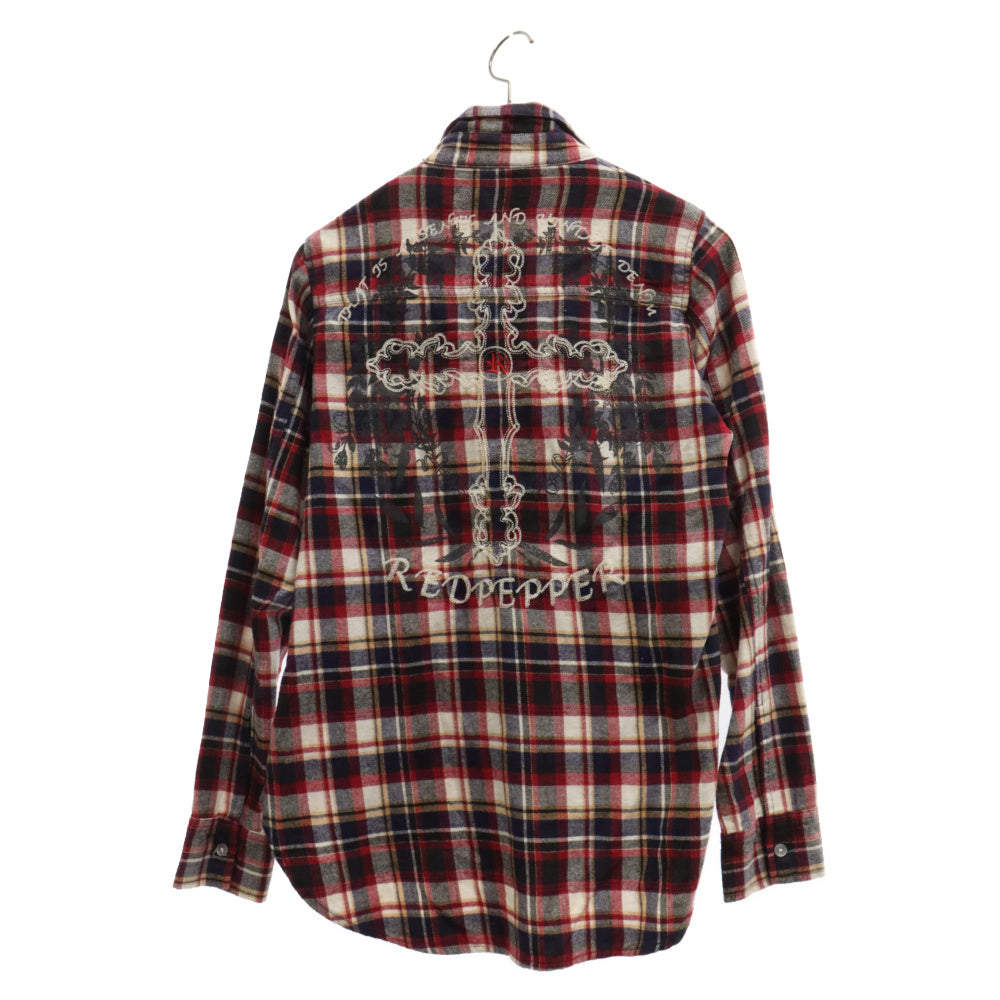 REDPEPPER(レッドペッパー) バック クロス エンブロイダリーデザイン チェック 長袖シャツ レッド/ネイビー