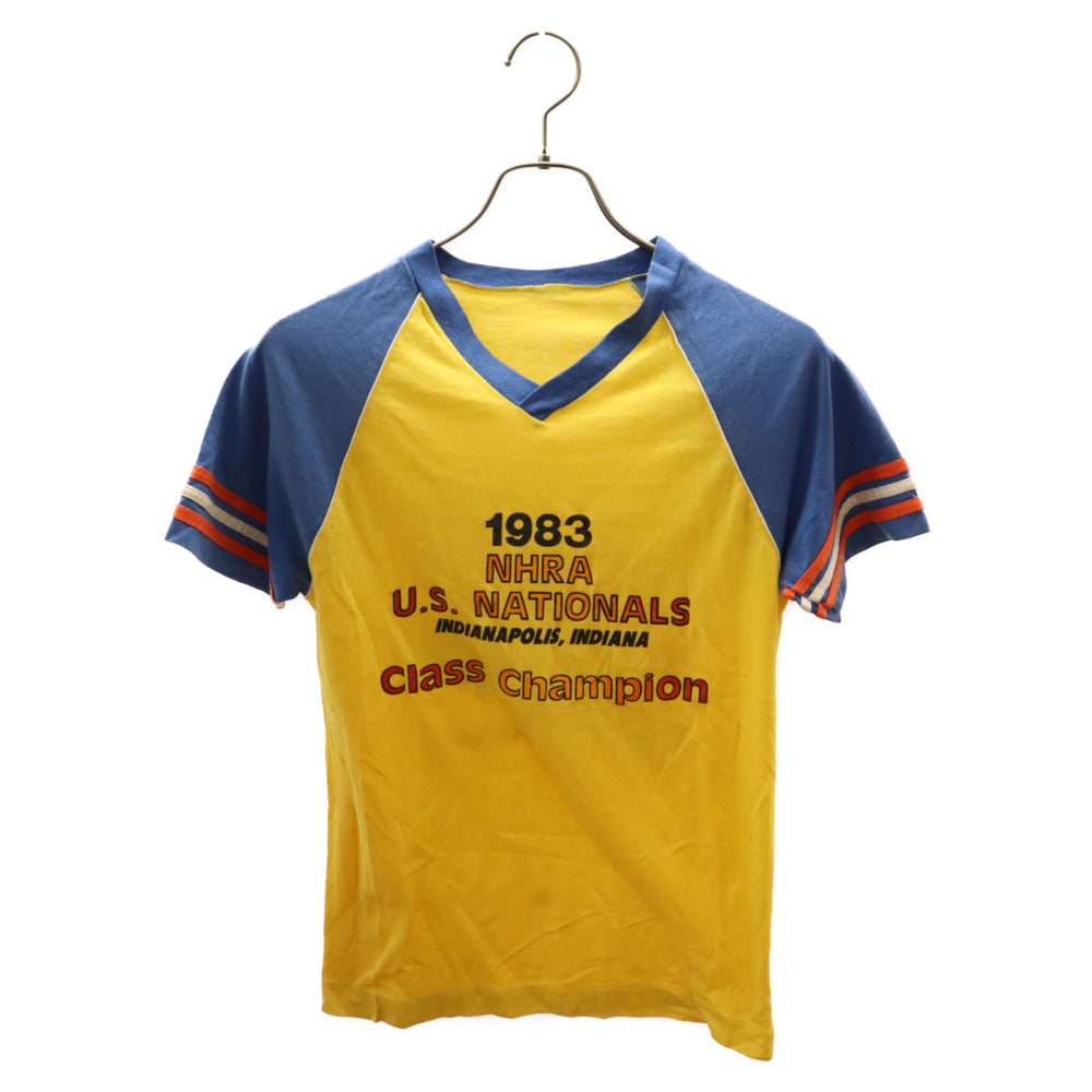 VINTAGE(ヴィンテージ) VINTAGE ヴィンテージ Vネック 両面プリント マルチカラー ラグラン 半袖Tシャツ イエロー/ブルー