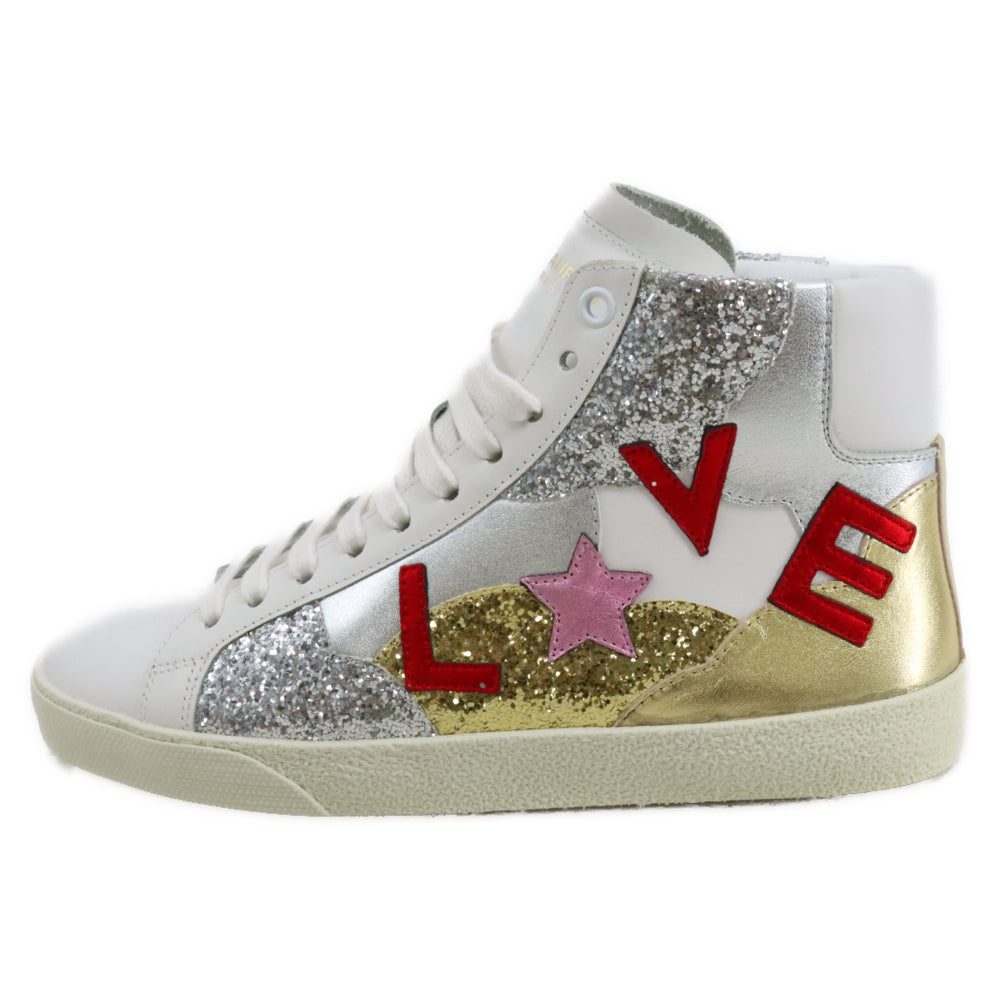 SAINT LAURENT PARIS(サンローランパリ) LOVE ラメ グリッター レザー パッチワーク ハイカット スニーカー レディース ホワイト LK457826