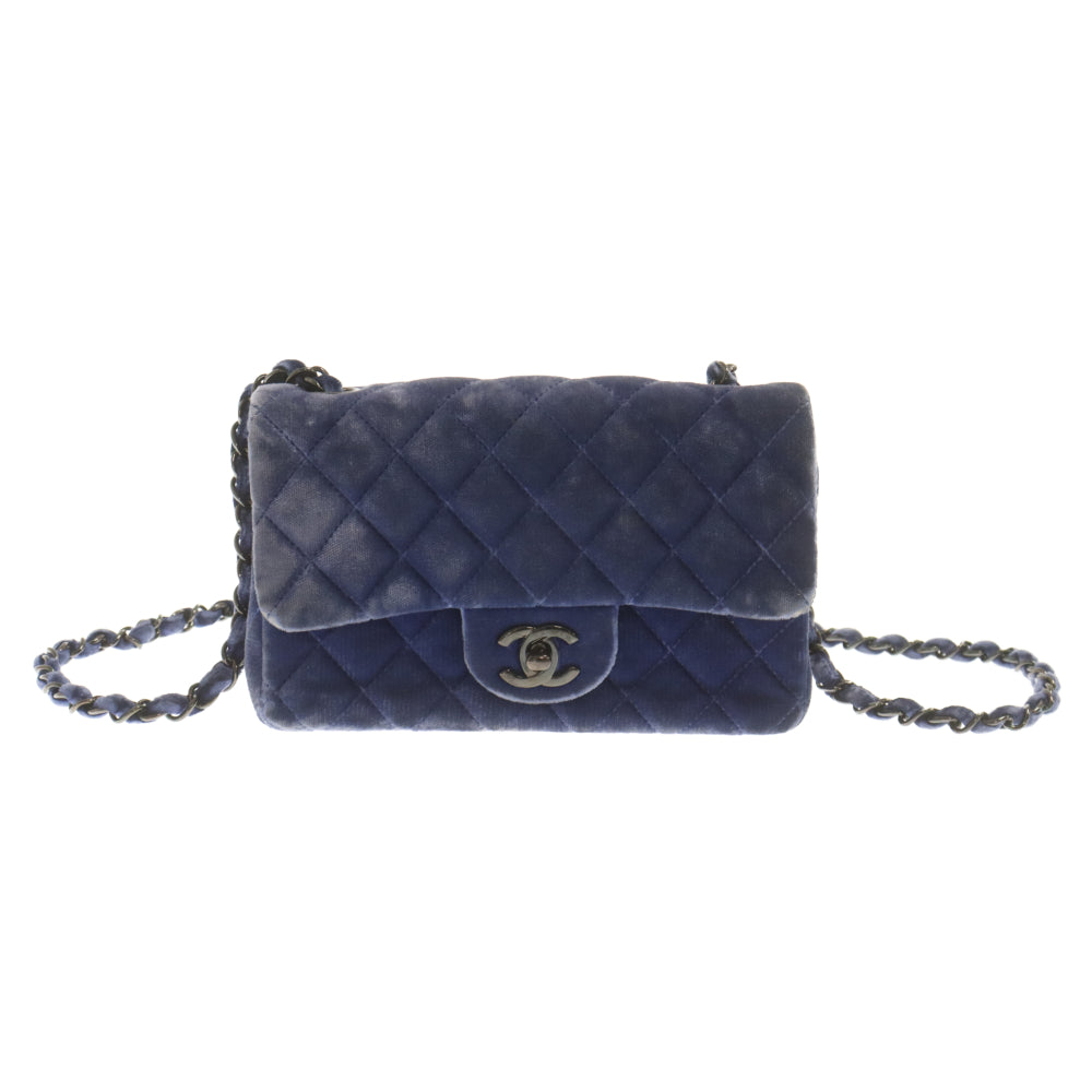 CHANEL(シャネル) 14年製 ミニマトラッセ20 ベロア シングルフラップ シングルチェーン ショルダーバッグ ブラック金具 ブルー A69900