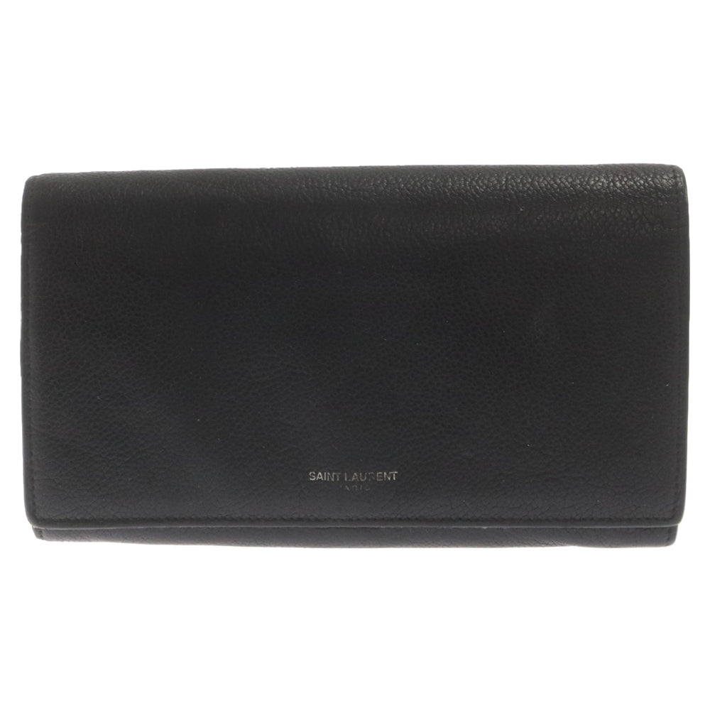 SAINT LAURENT PARIS(サンローランパリ) シルバーロゴ レザー ロングウォレット スナップボタン 二つ折り長財布 ブラック