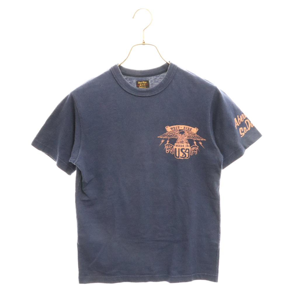WEST RIDE(ウエストライド) ロゴプリント クルーネック コットン グラフィック 半袖Tシャツ カットソー ブルー